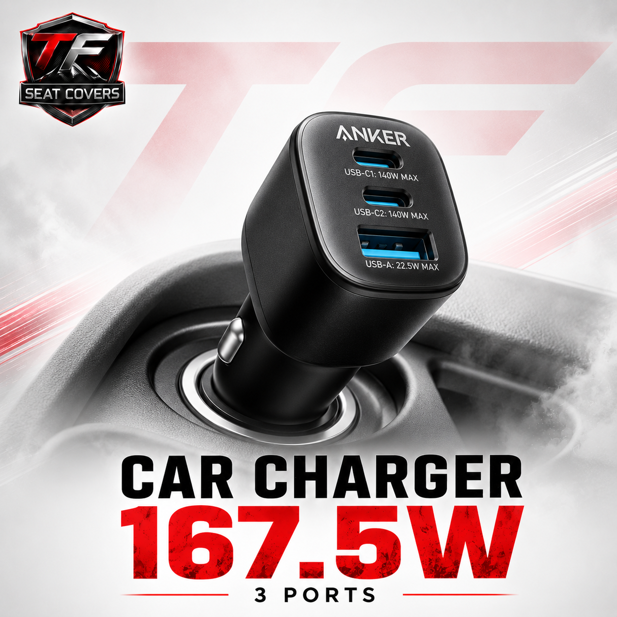 Anker Nano Car Charger (167.5W, 3 Ports) - closeup